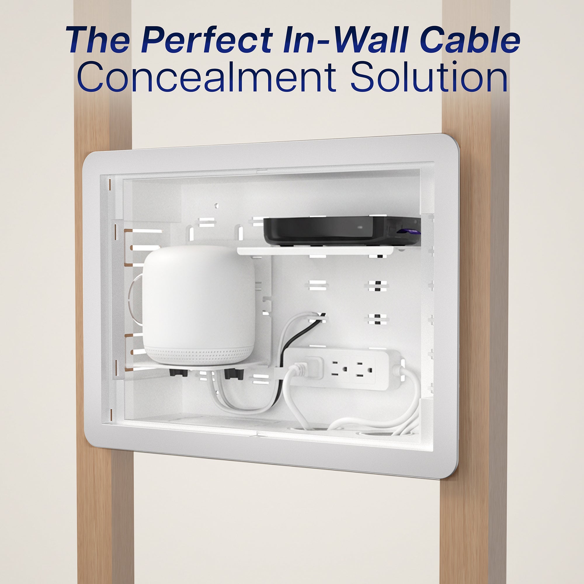 In-Wall Cable and Media Box Enclosure concealment solution with electrical outlets and devices.