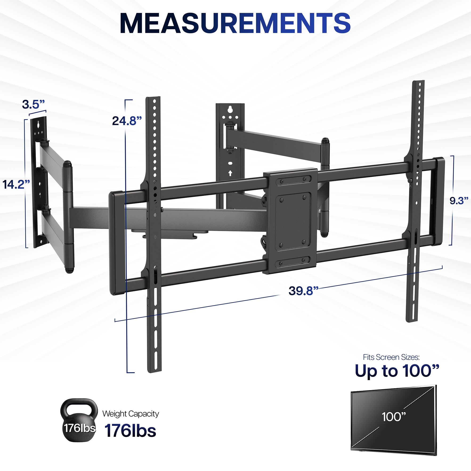 Measurement chart of a large TV wall mount with dimensions and capacity details.
