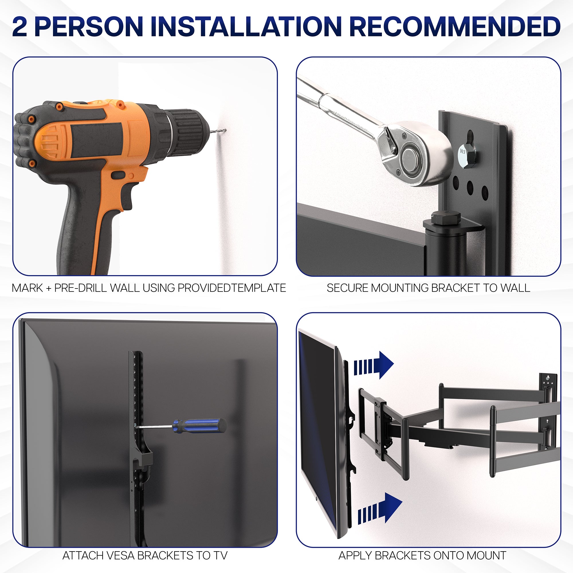 Step-by-step installation guide for a TV mount with tools and hardware.