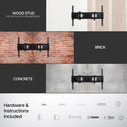 Sturdy corner wall mount for TV for wood stud, brick, or concrete with hardware included.