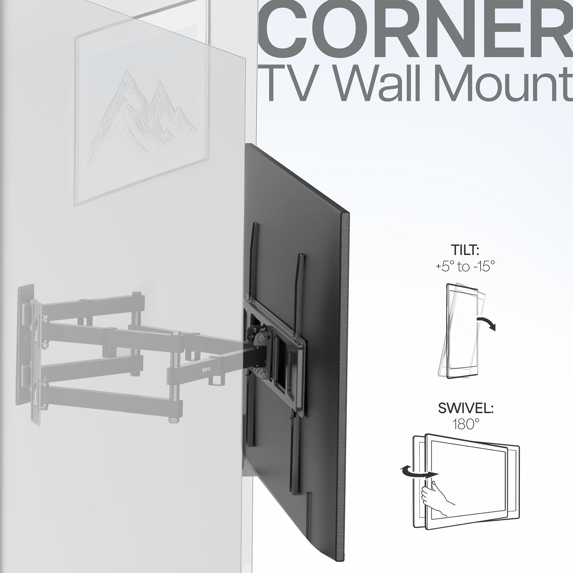 Corner TV wall mount secured to both walls for maximum security of the TV screen.