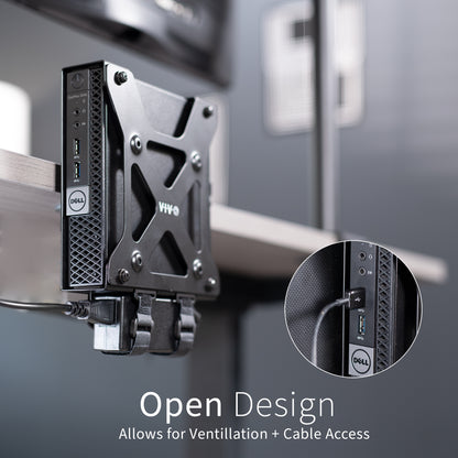 Sturdy VESA monitor mount designed for Dell OptiPlex Micro with open design for ventilation and cable access.