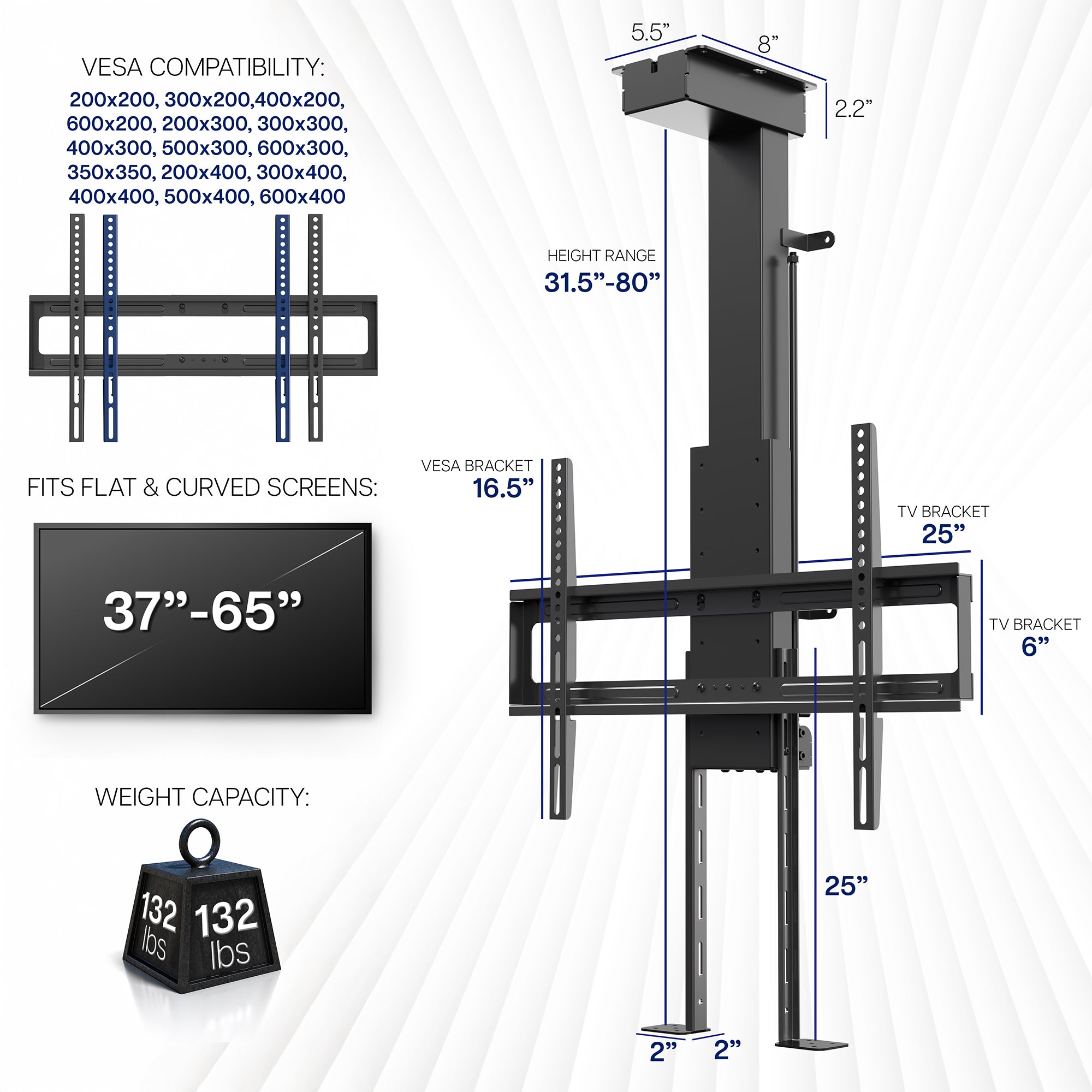 drop down ceiling tv mount with measurement details on a white background