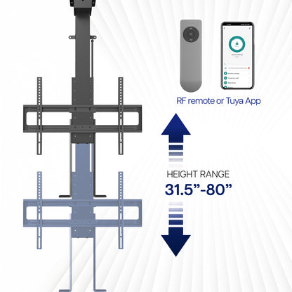 drop down ceiling tv mount with remote control and app on a white background