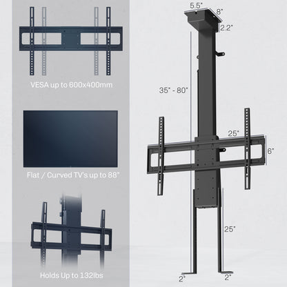 A motorized large TV mount with remote control, showing a flat panel TV attached to a ceiling mount with an extension pole.