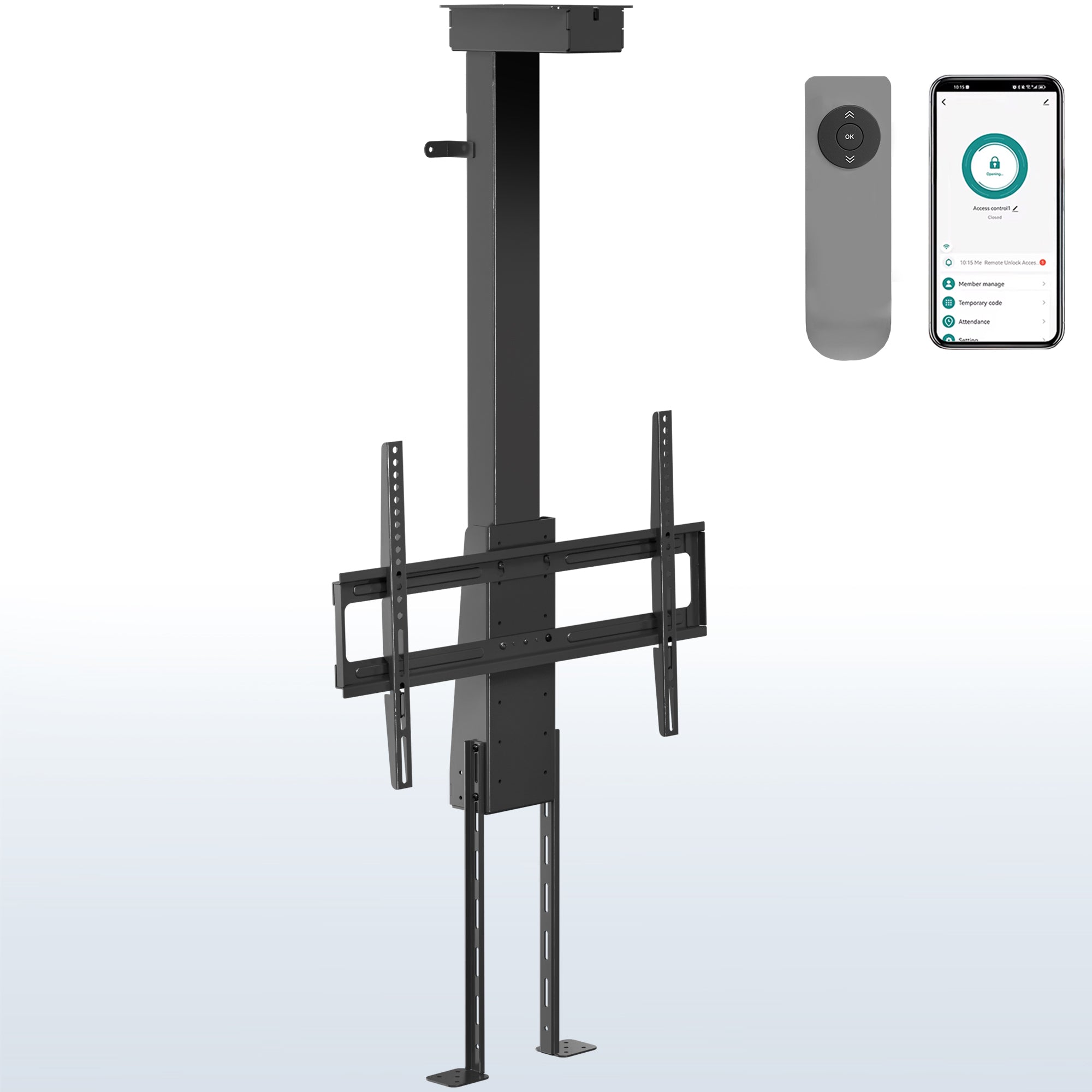 A motorized large TV mount with remote control, showing a flat panel TV attached to a ceiling mount with an extension pole.