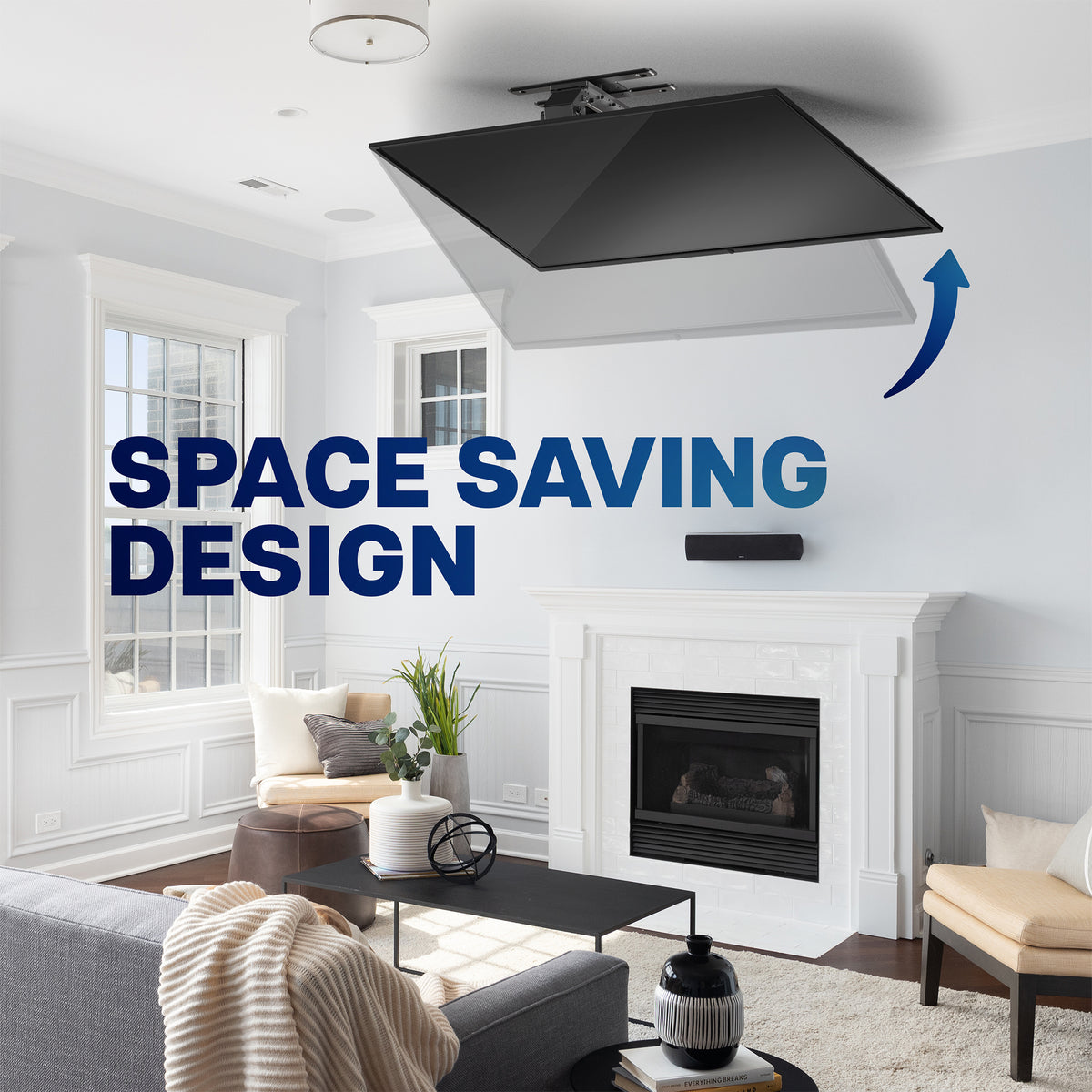 A black ceiling-mounted flat-screen TV shown in a modern living room above a white fireplace, with large text reading 'SPACE SAVING DESIGN' and a blue arrow indicating the raised screen design.