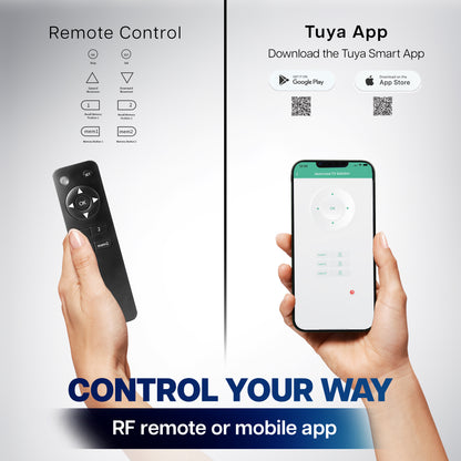Graphic showing a hand holding a black RF remote control on the left and a hand holding a smartphone displaying the Tuya Smart App on the right, with text reading 'Remote Control,' 'Tuya App,' 'CONTROL YOUR WAY,' and 'RF remote or mobile app.'.