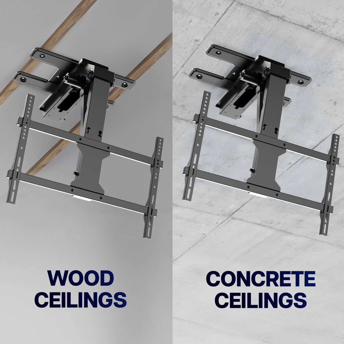 A split comparison showing a black metal ceiling mount bracket attached to a ceiling. The left side shows a wood ceiling with the mount installed, labeled 'WOOD CEILINGS.