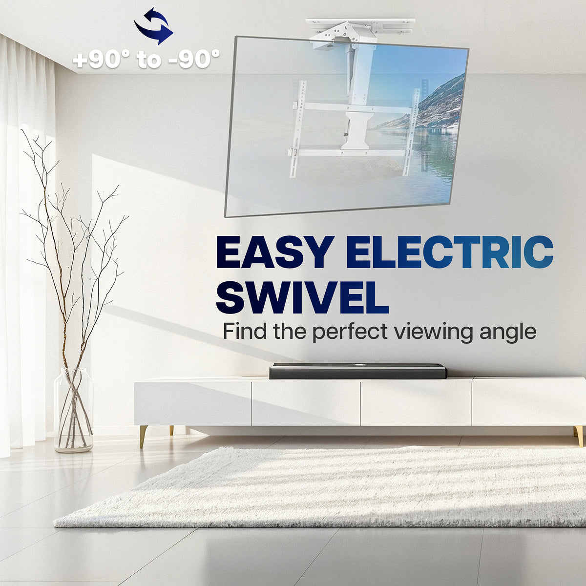 An electric swivel TV mount shown installed on a wall in a modern living room, with a TV mounted above it. Large text reads 'EASY ELECTRIC SWIVEL' and 'Find the perfect viewing angle,' with an angle indicator graphic at the top left.