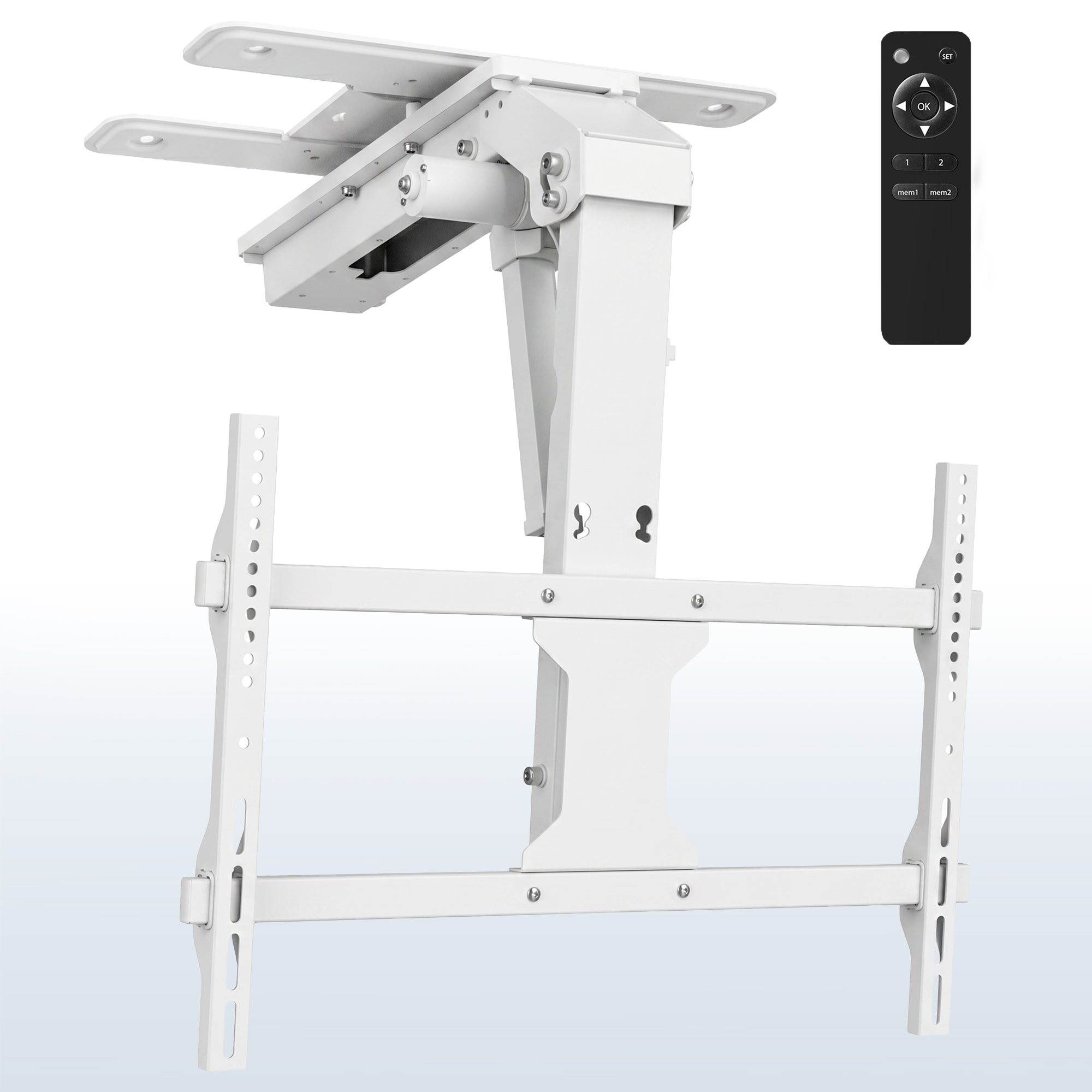 A white electric flip down/swivel ceiling TV mount with a remote control.