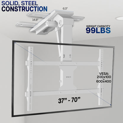 Electric Flip Down Ceiling TV Mount - 37" to 70" Screens specifications on a grey background