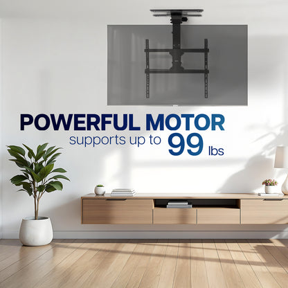 Electric Flip Down Ceiling TV Mount - 37" to 70" Screens with text stating "POWERFUL MOTOR supports up to 99lbs"