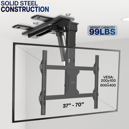 Electric Flip Down Ceiling TV Mount - 37" to 70" Screens specifications on a grey background