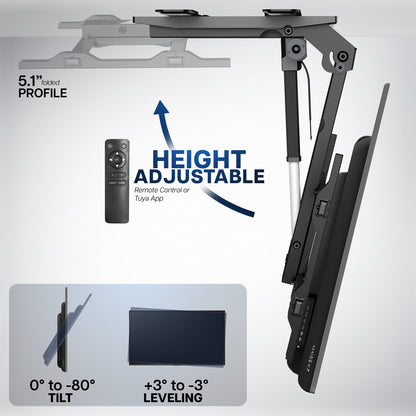 Electric Flip Down Ceiling TV Mount - 37" to 70" Screens specifications on a grey background detailing articulation