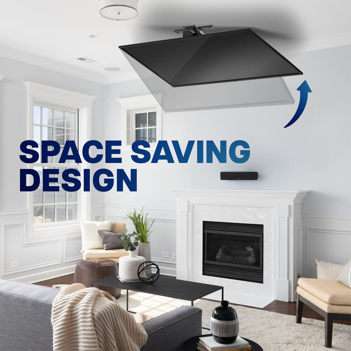 Electric Flip Down Ceiling TV Mount - 37" to 70" Screens in a living room setup, showing the folding mechanism