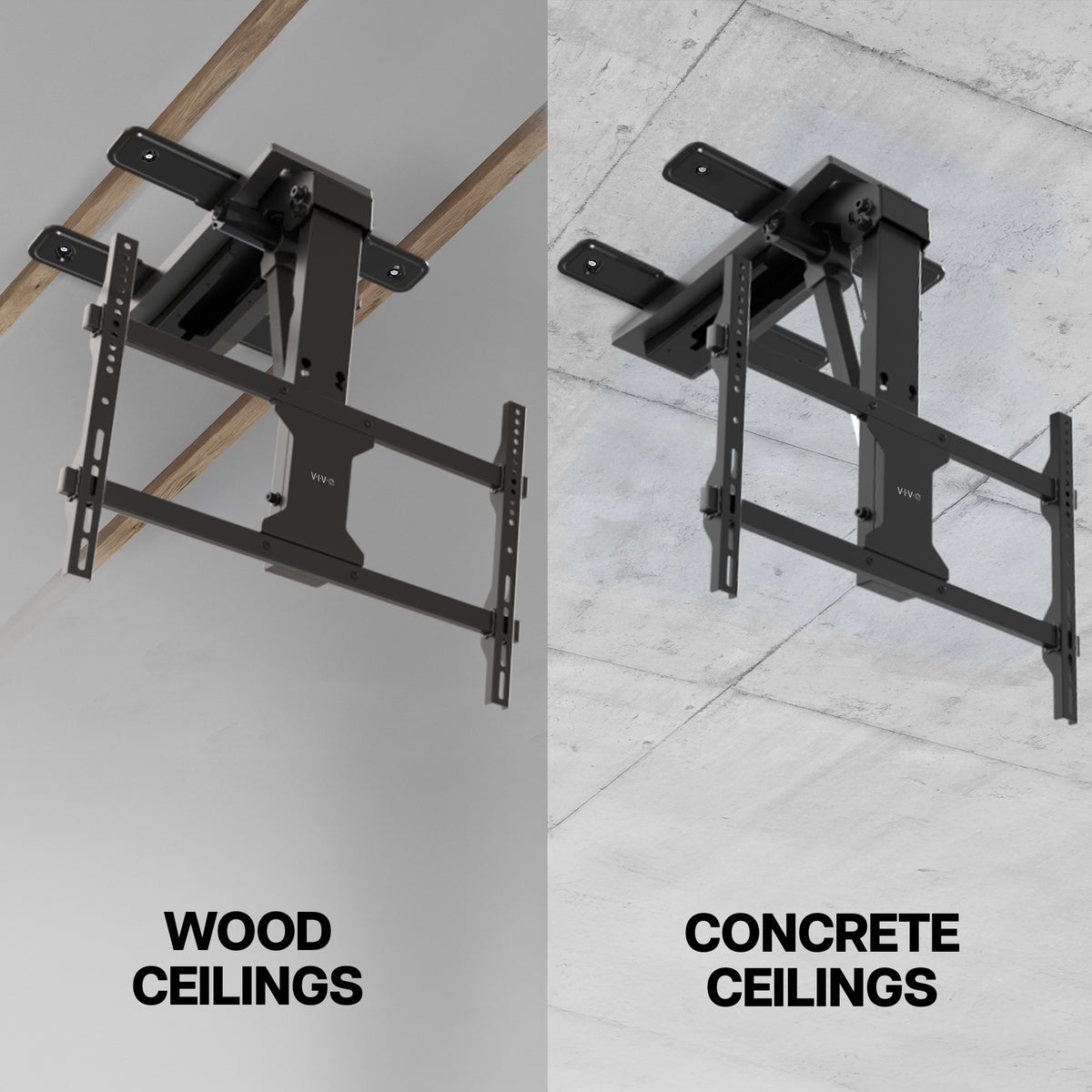 Electric Flip Down Ceiling TV Mount - 37" to 70" Screens shown on a wood ceiling and concrete ceiling side by side