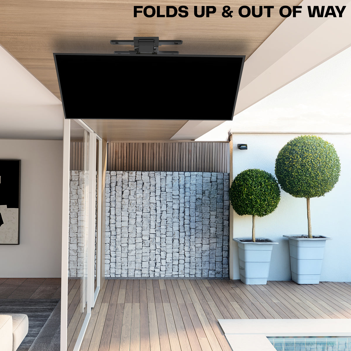 Electric Flip Down Ceiling TV Mount - 37" to 70" Screens in a covered patio setting showing it folding up and out of the way 
