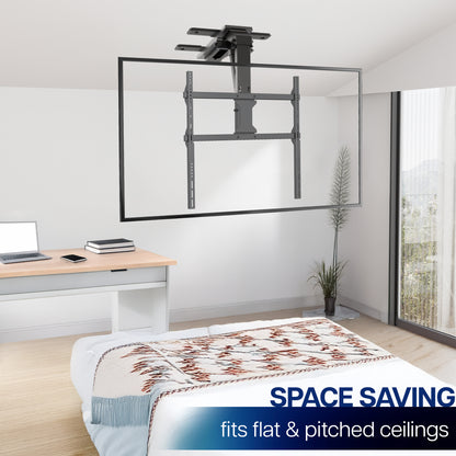 Ceiling-mounted TV bracket in a room with a desk and bed.