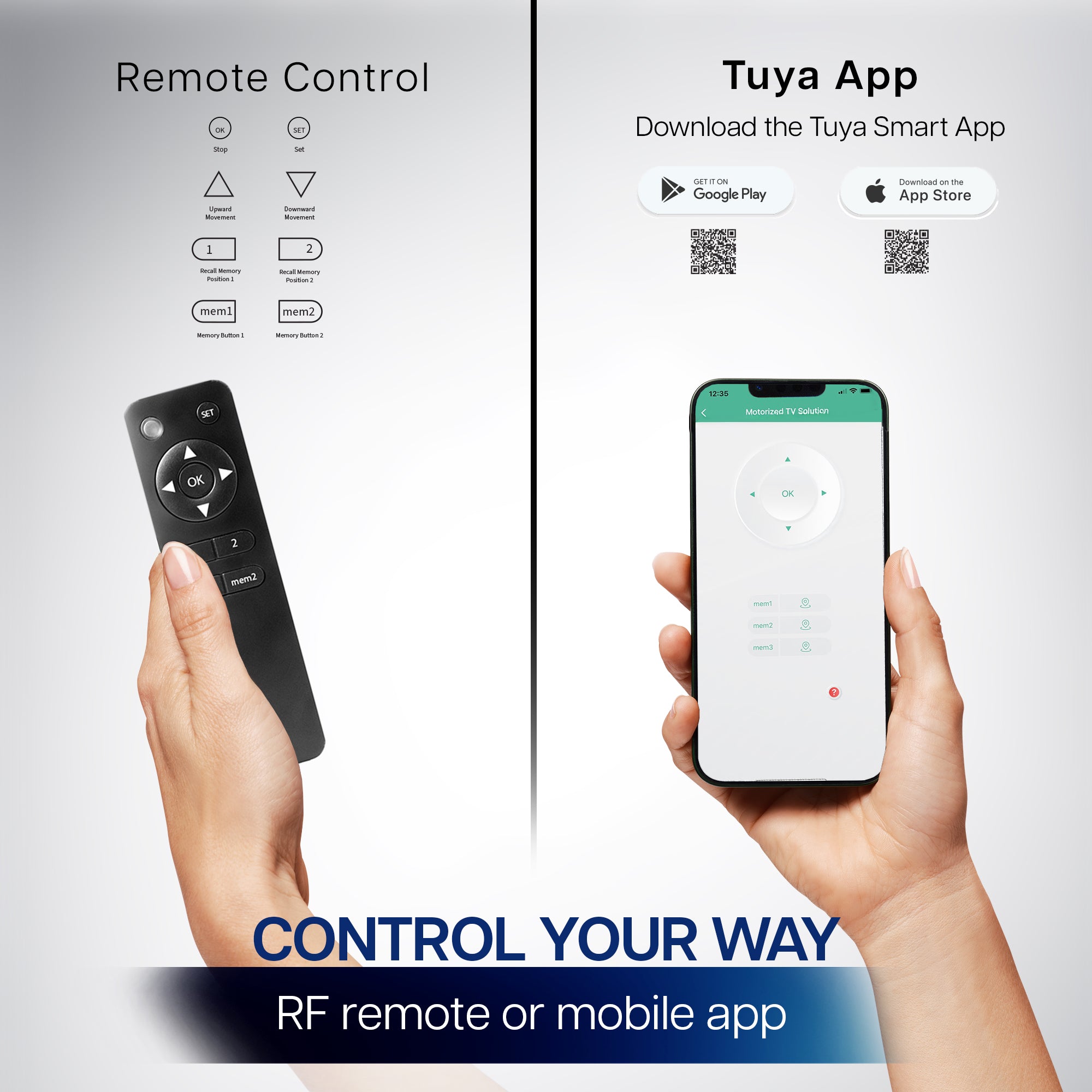 Remote control and smart phone control for tv mount