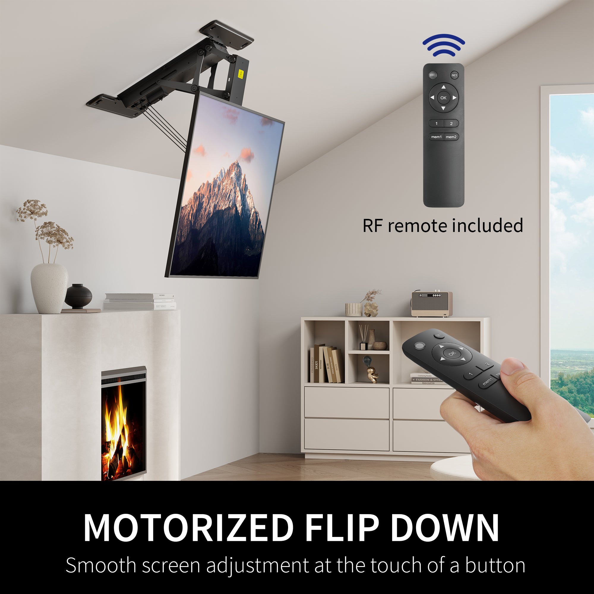 Electric Flip Down Ceiling TV Mount holds large TVs and features dual motors for effortless adjustment.