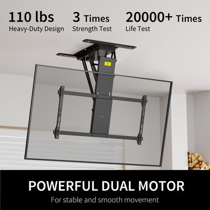 Electric Flip Down Ceiling TV Mount holds large TVs and features dual motors for effortless adjustment.