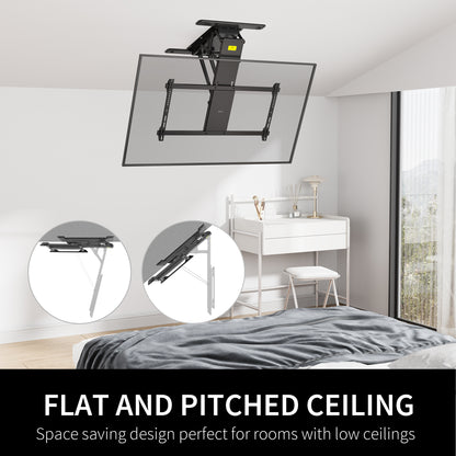 Electric Flip Down Ceiling TV Mount holds large TVs and features dual motors for effortless adjustment.