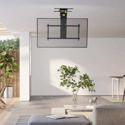 Electric Flip Down Ceiling TV Mount holds large TVs and features dual motors for effortless adjustment.