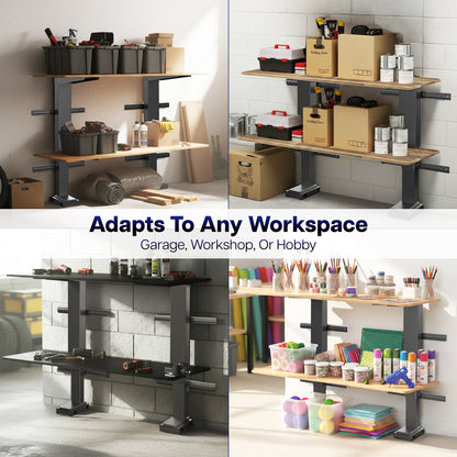 Height Adjustable Electric Shelf Mount for Garage and Workbench with Remote Workspace Options