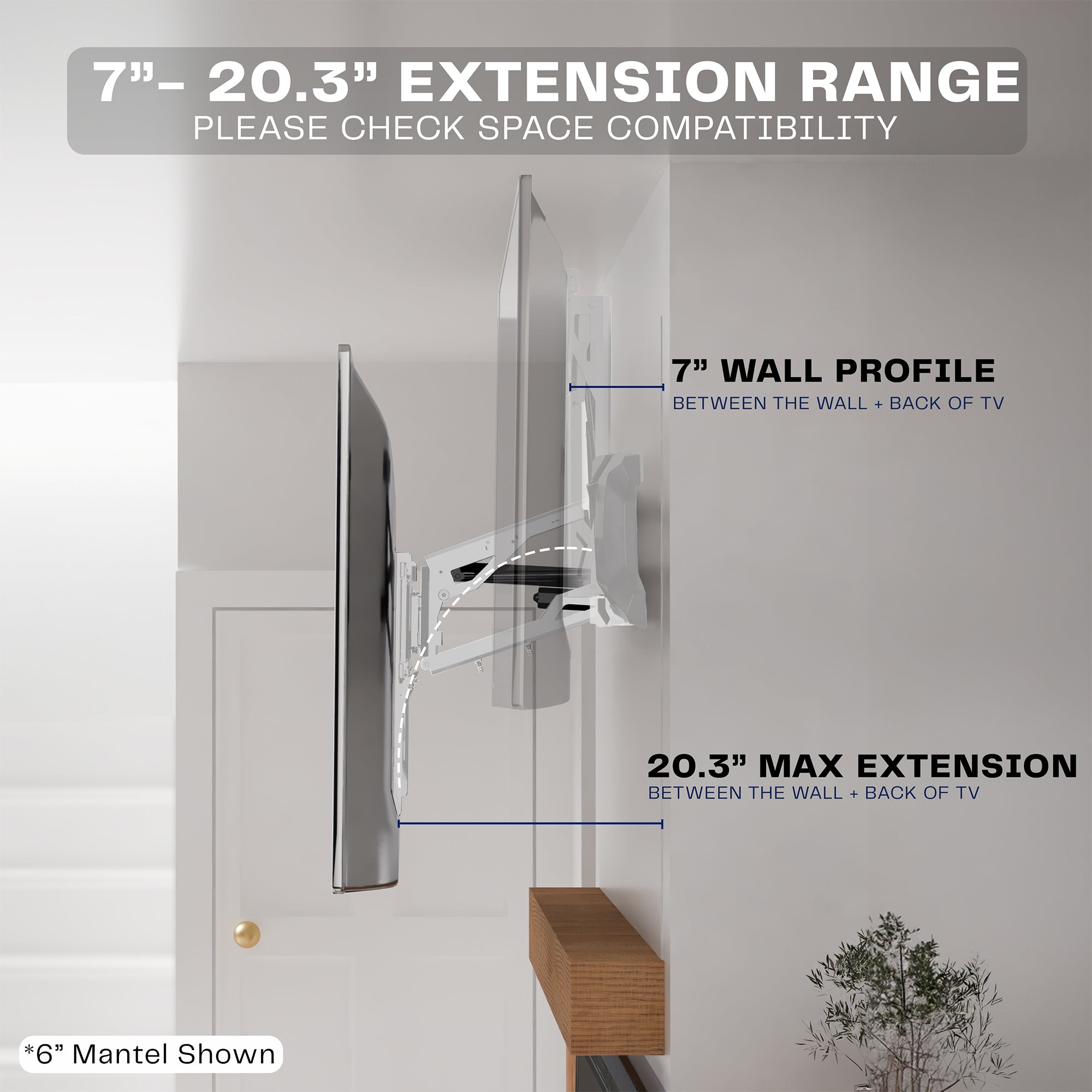 TV wall mount with extension range details on a neutral background
