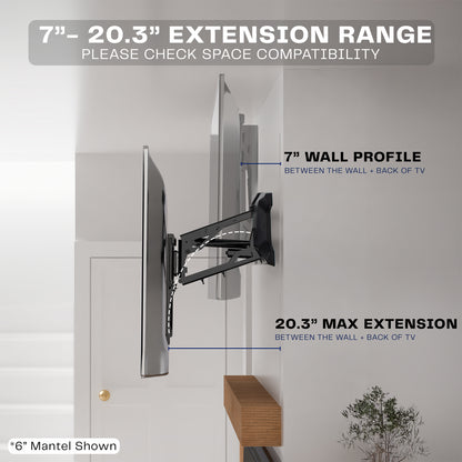 TV wall mount with extension range details on a neutral background