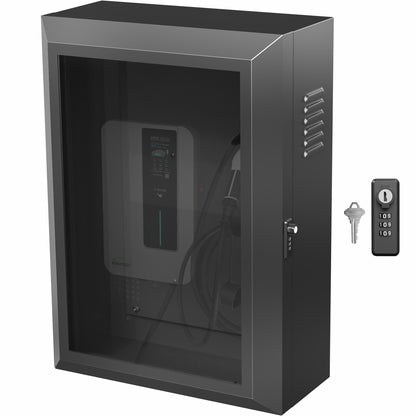 A black EV charger box with a glass door and a lock, accompanied by a key and a remote control.