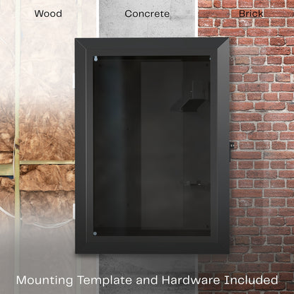 A black EV charger box with a glass door and a lock on various mounting surfaces. 