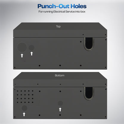 A black EV charger box with a glass door and a lock with holes for wire service into the box. 