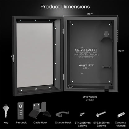 A black EV charger box with a glass door and a lock, accompanied by a key and a remote control.