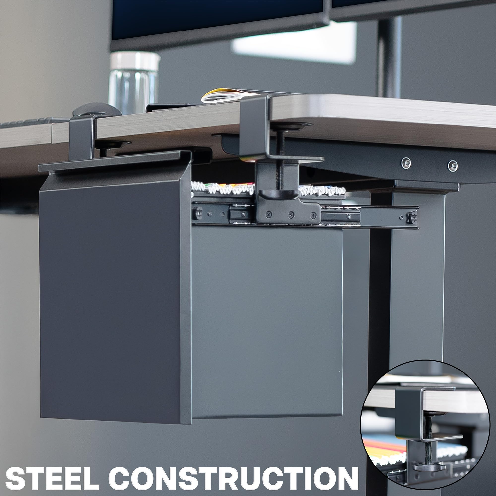 Clamp-on Under Desk Filing Cabinet made from high quality steel clamped onto desktop 