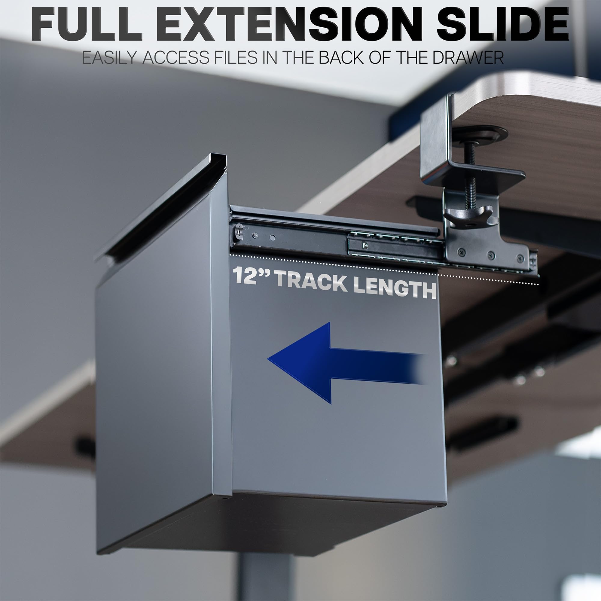 Full extension slide mechanism shown on under desk clamp on black file cabinet with a blue arrow indicating track length on a blurred background.