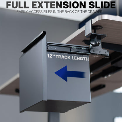 Full extension slide mechanism shown on under desk clamp on black file cabinet with a blue arrow indicating track length on a blurred background.