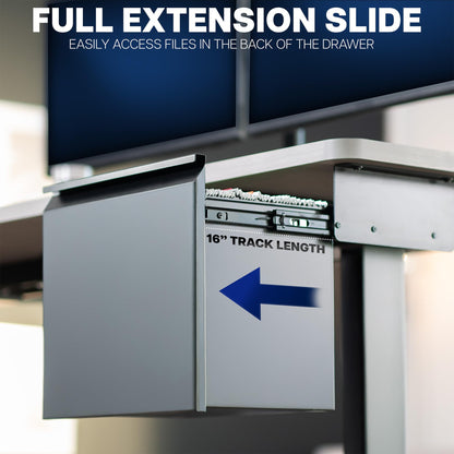 Full extension slide mechanism of the under desk filing cabinet with text indicating track length.