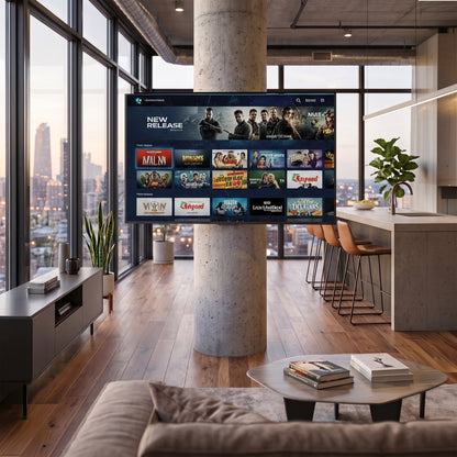 Column TV mount supporting a large digital display on a structural pillar in a commercial space