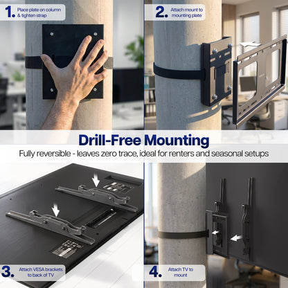 Strap-on TV mount with drill-free installation for securely attaching a display to a structural column