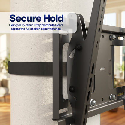Heavy-duty strap-on TV mount securely attached to a column for stable large-screen display support