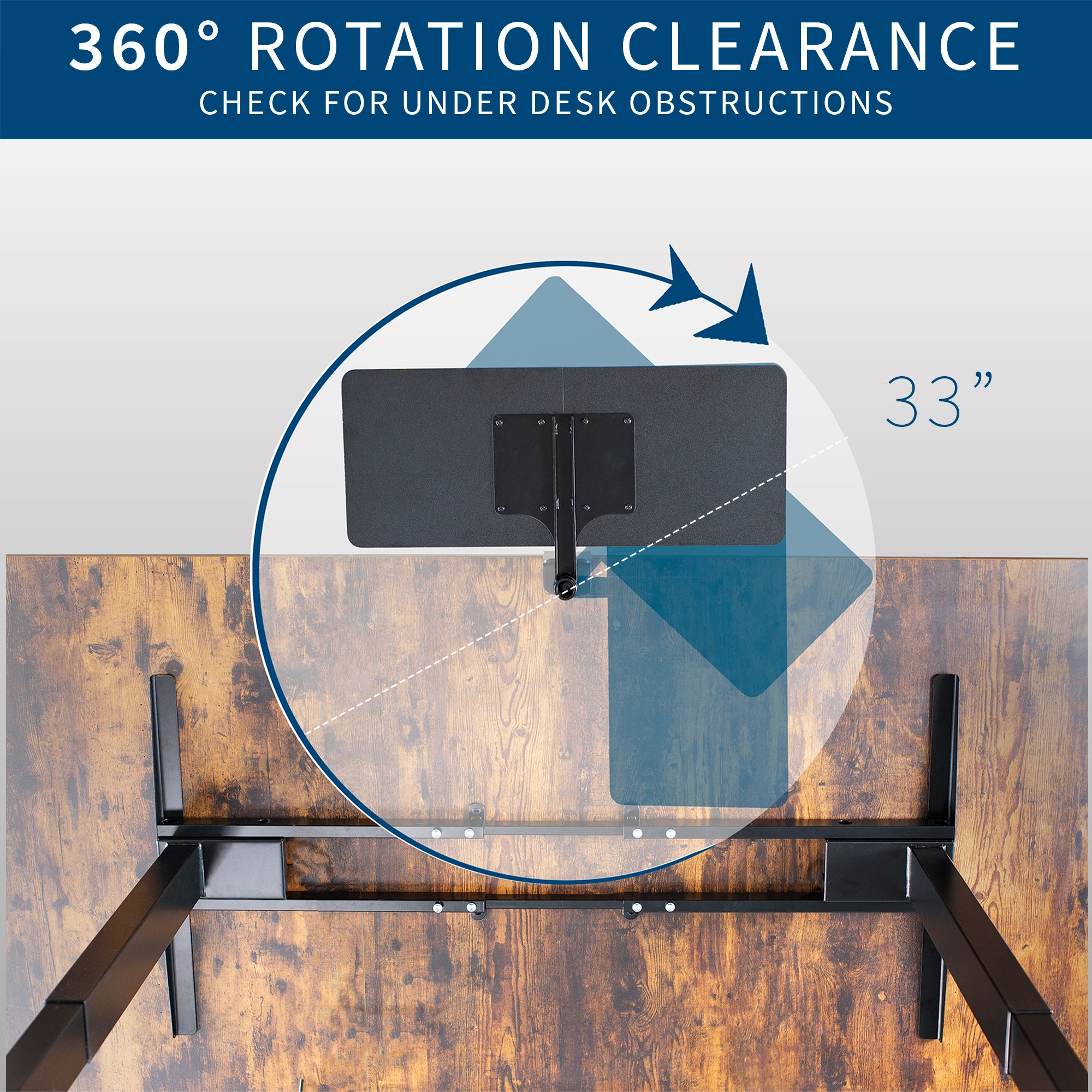 Clamp-on Rotating Computer Keyboard and Mouse Tray, Swiveling 25 x 10 inch Platform with Extra Sturdy Single Desk Clamp, Ergonomic Typing