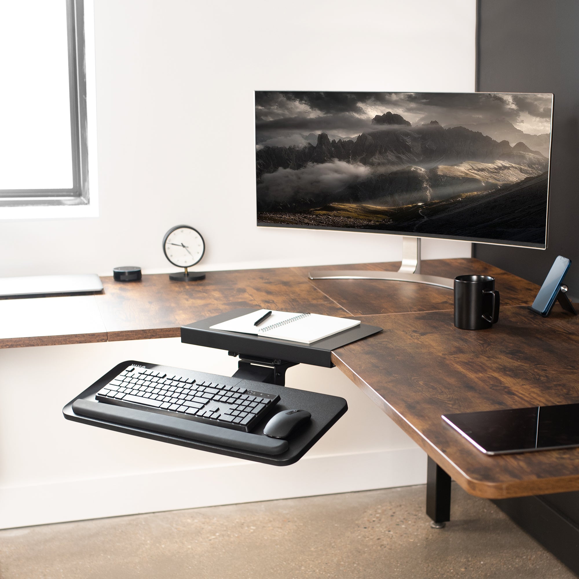 Adjustable Computer Keyboard and Mouse Platform Tray with Corner Connector