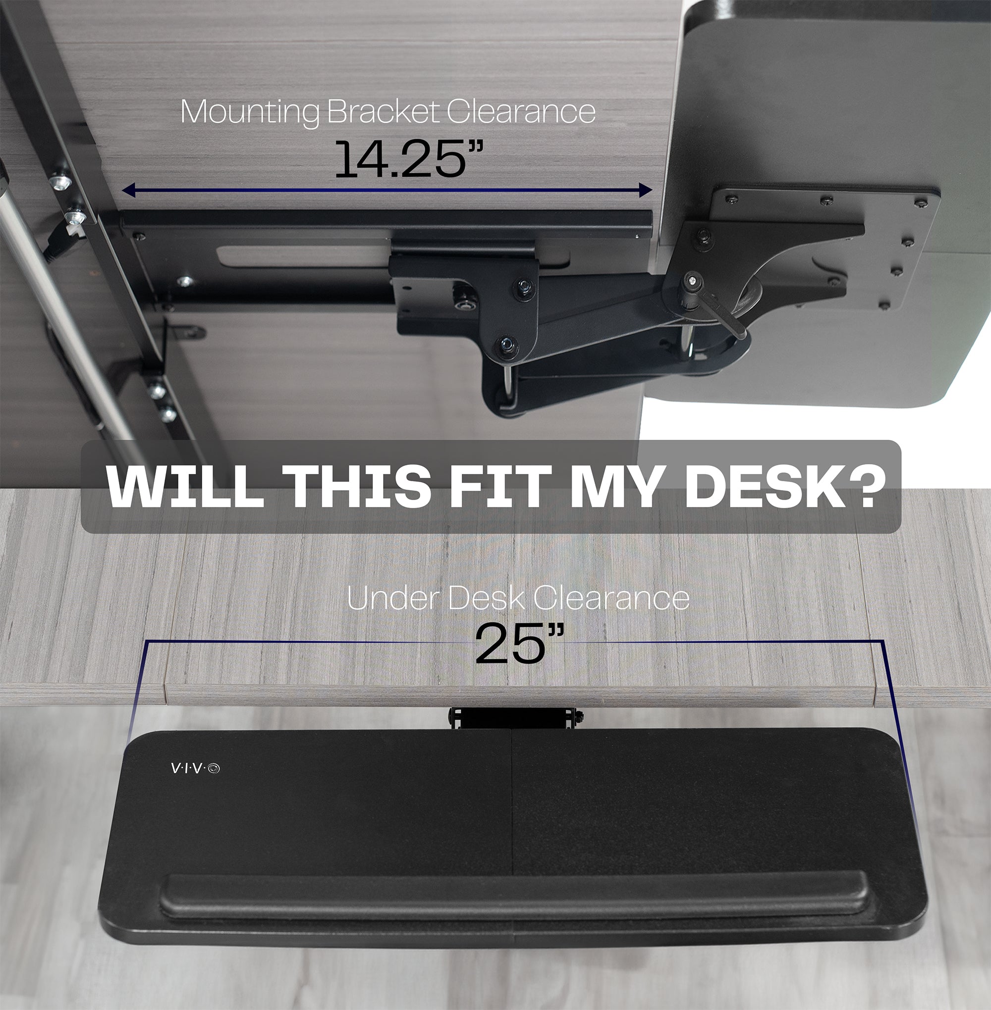 Ergonomic under desk keyboard tray mount with comfortable tilting angles for typing.