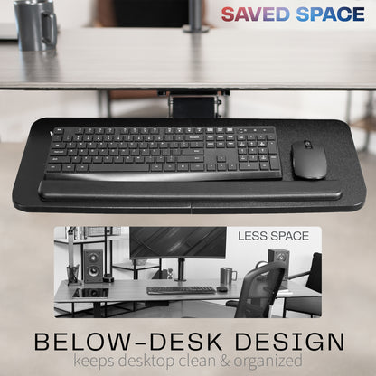 Ergonomic under desk keyboard tray mount with comfortable tilting angles for typing.