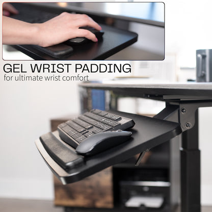 Ergonomic under desk keyboard tray mount with comfortable tilting angles for typing.