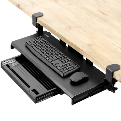 Clamp-on keyboard tray with pencil drawer for convenient space-saving desk workstation.