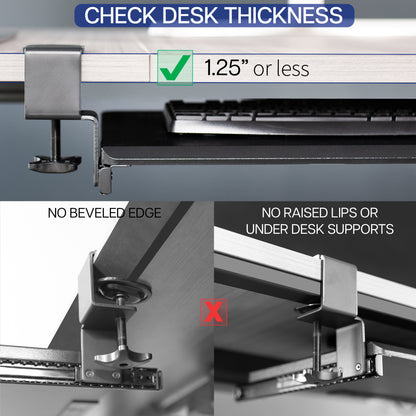 Clamp-on keyboard tray with pencil drawer for convenient space-saving desk workstation.