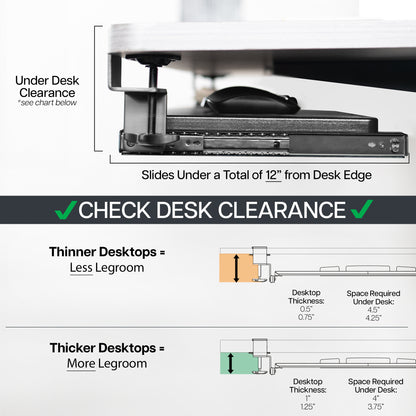 Clamp-on keyboard tray with pencil drawer for convenient space-saving desk workstation.